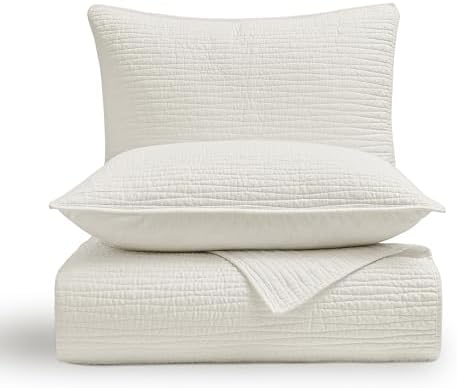 Wonderful Natural Linen Cotton Quilt - Hypoallergenic Wave Stitched White Queen Quilt, Pre-Washed Soft & Breathable, All