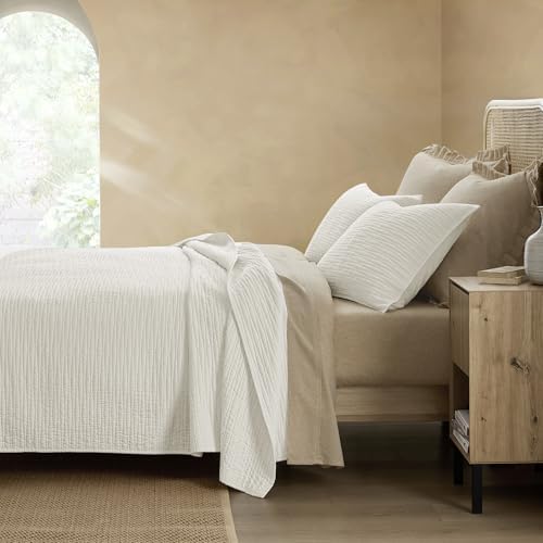 Wonderful Natural Linen Cotton Quilt - Hypoallergenic Wave Stitched White Queen Quilt, Pre-Washed Soft & Breathable, All