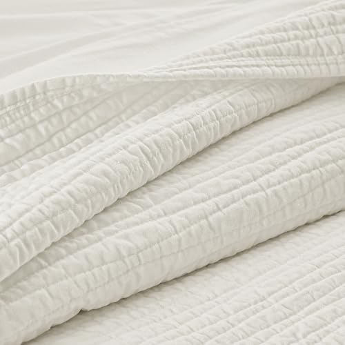 Wonderful Natural Linen Cotton Quilt - Hypoallergenic Wave Stitched White Queen Quilt, Pre-Washed Soft & Breathable, All