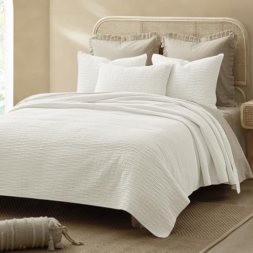 Wonderful Natural Linen Cotton Quilt - Hypoallergenic Wave Stitched White Queen Quilt, Pre-Washed Soft & Breathable, All