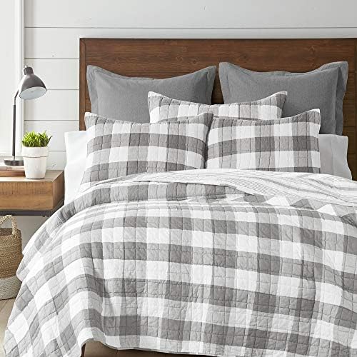 Levtex Home Camden Bedspread Set for Full Size Bed - Buffalo Check Design in Grey and Cream - Reversible Cotton Quilt - Levtex Home Camden Bedspread Set for Full Size Bed - Buffalo Check Design in Grey and Cream - Reversible Cotton Quilt -