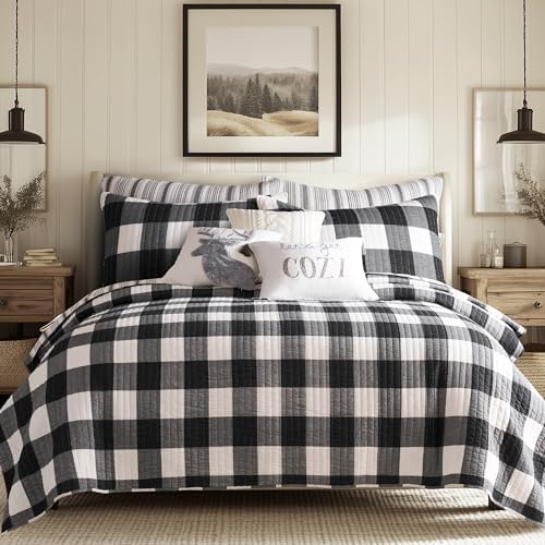Levtex Home Camden Bedspread Set for Full Size Bed - Buffalo Check Design in Grey and Cream - Reversible Cotton Quilt - Levtex Home Camden Bedspread Set for Full Size Bed - Buffalo Check Design in Grey and Cream - Reversible Cotton Quilt -