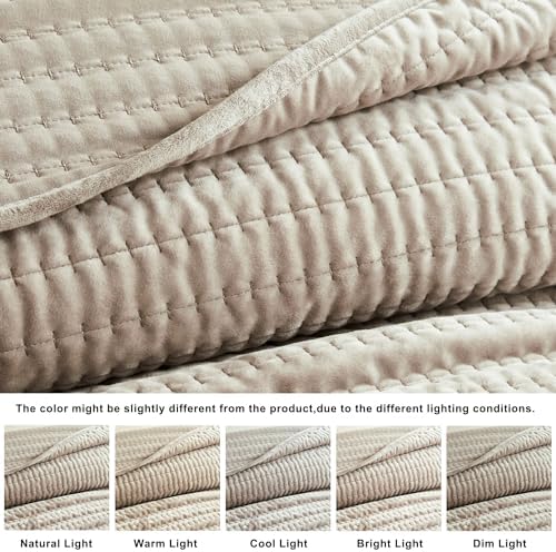 WDCOZY Beige Striped King Size Quilt Set - Neutral Farmhouse Country Bedding, Warm Soft Thin Comforter, 3 Pieces OEKO-TE