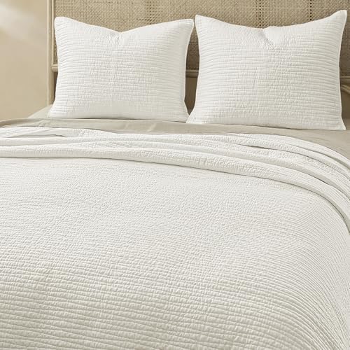 Wonderful Natural Linen Cotton Quilt - Hypoallergenic Wave Stitched White Queen Quilt, Pre-Washed Soft & Breathable, All