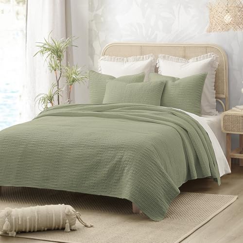 Wonderful Natural Linen Cotton Quilt - Hypoallergenic Wave Stitched White Queen Quilt, Pre-Washed Soft & Breathable, All