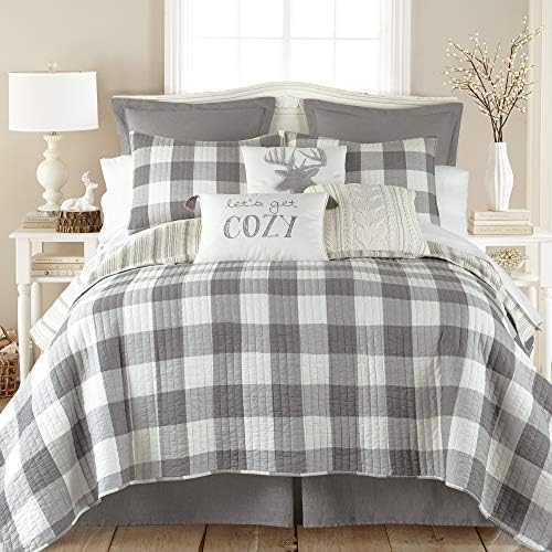 Levtex Home Camden Bedspread Set for Full Size Bed - Buffalo Check Design in Grey and Cream - Reversible Cotton Quilt - Levtex Home Camden Bedspread Set for Full Size Bed - Buffalo Check Design in Grey and Cream - Reversible Cotton Quilt -