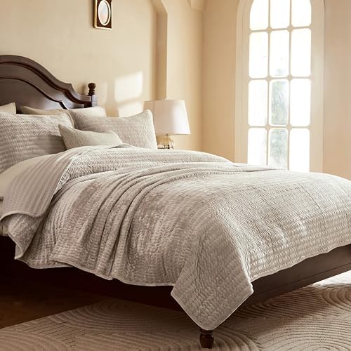 WDCOZY Beige Striped King Size Quilt Set - Neutral Farmhouse Country Bedding, Warm Soft Thin Comforter, 3 Pieces OEKO-TE