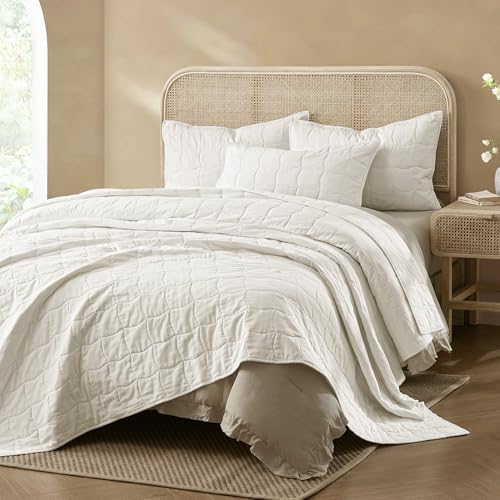 Wonderful Natural Linen Cotton Quilt - Hypoallergenic Wave Stitched White Queen Quilt, Pre-Washed Soft & Breathable, All