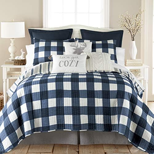 Levtex Home Camden Bedspread Set for Full Size Bed - Buffalo Check Design in Grey and Cream - Reversible Cotton Quilt - Levtex Home Camden Bedspread Set for Full Size Bed - Buffalo Check Design in Grey and Cream - Reversible Cotton Quilt -