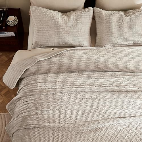 WDCOZY Beige Striped King Size Quilt Set - Neutral Farmhouse Country Bedding, Warm Soft Thin Comforter, 3 Pieces OEKO-TE