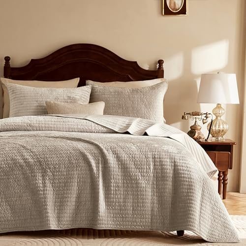 WDCOZY Beige Striped King Size Quilt Set - Neutral Farmhouse Country Bedding, Warm Soft Thin Comforter, 3 Pieces OEKO-TE