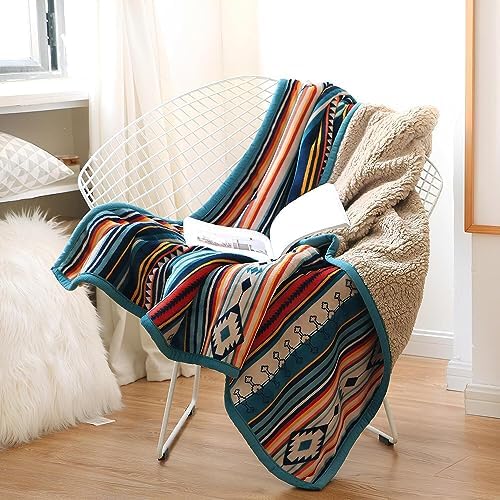 Sherpa Boho Throw Blanket - Super Soft and Cozy Aztec Pattern Double-Layer Flannel Fleece Blankets for Lap, Couch, Sofa,