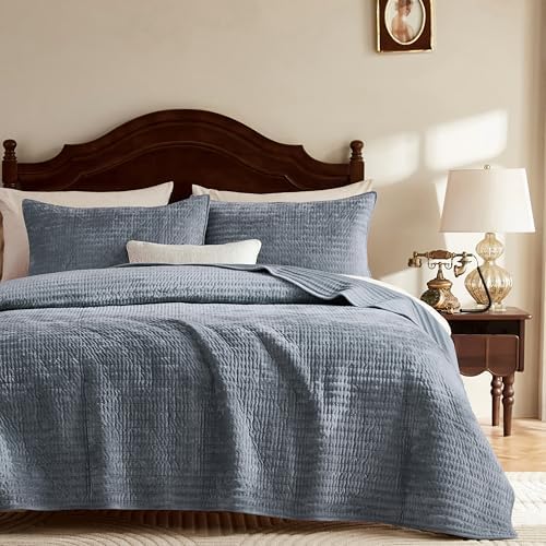 WDCOZY Beige Striped King Size Quilt Set - Neutral Farmhouse Country Bedding, Warm Soft Thin Comforter, 3 Pieces OEKO-TE