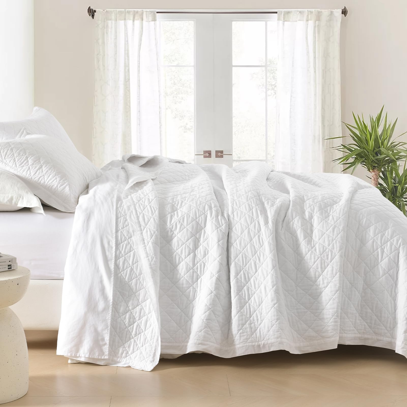  Finlonte King Size Quilt Set for Cozy Sleep, 100% Cotton Solid White Diamond Pattern Bedspread
| Finlonte King Size Qui
