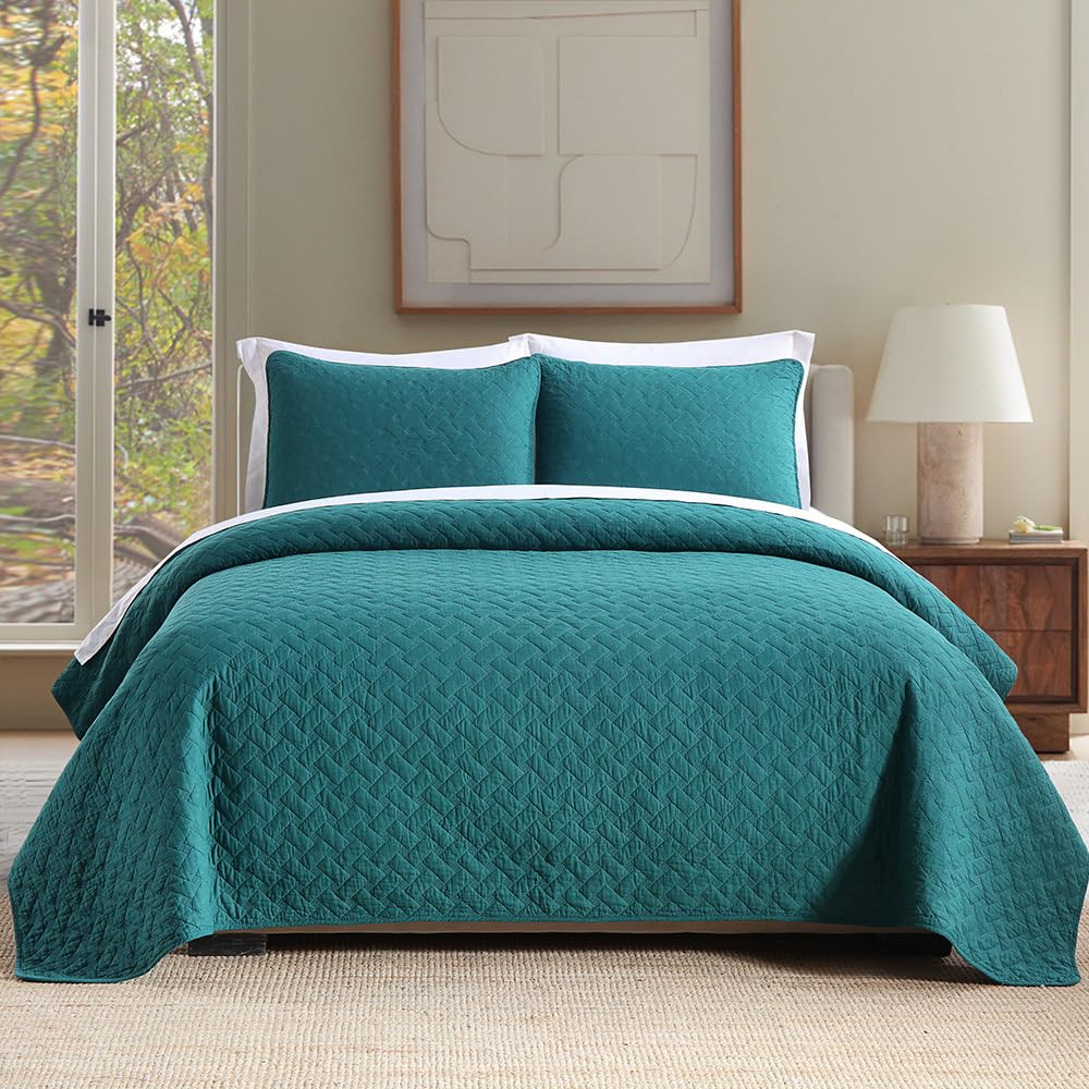 Turquoise Cotton King Quilt Bedding Sets 3 Pieces Reversible Lightweight Coverlets Comforters for All Seasons Weave Stit