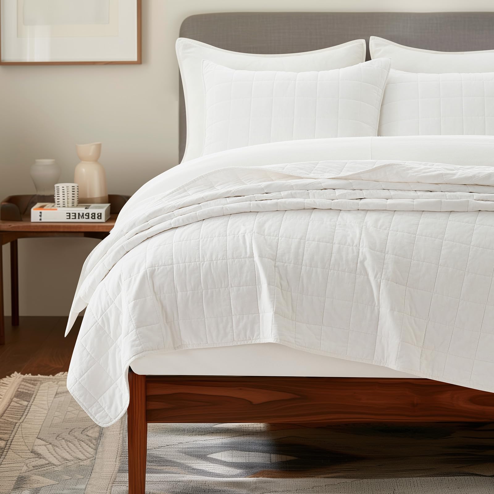  Evergracehome 100% Cotton Box Stitch Quilt Bedding Set for King Size - Bright White & Cozy for All Season Use
| Evergra