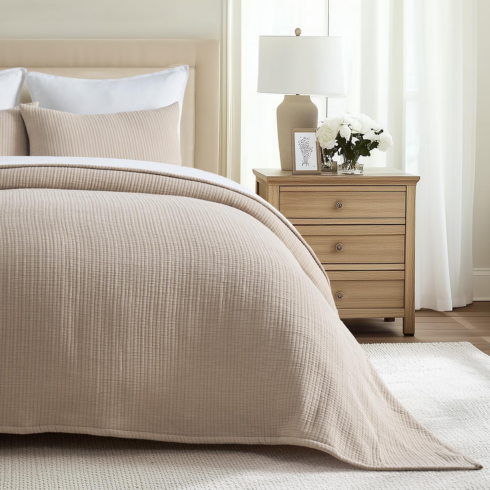  Ultra Soft Prewashed Pick Stitch Matelassé Coverlet by EVERGRACEHOME for All Season Use - Khaki Tan Lightweight Bedspre