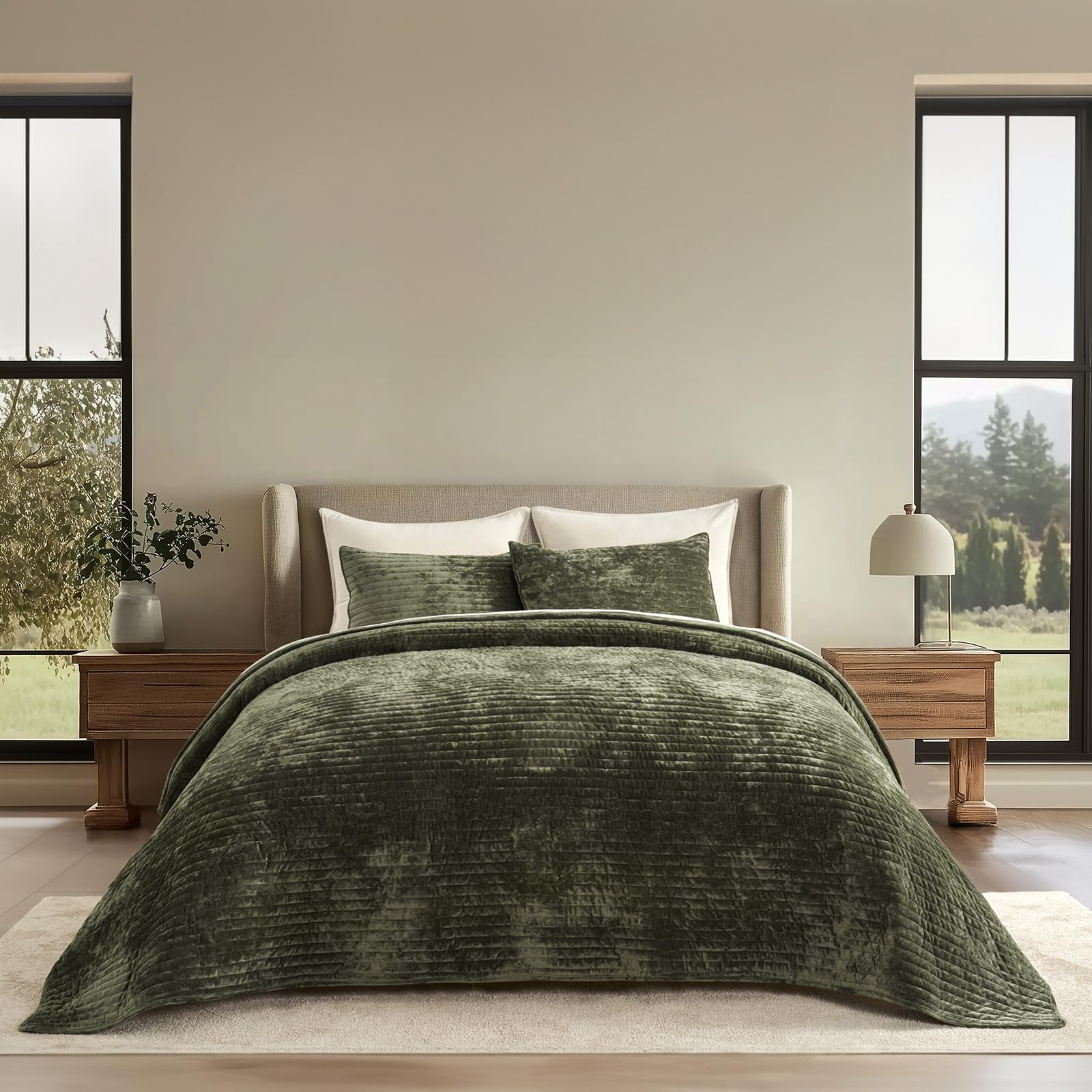  Evergrace Olive Green Lightweight Velvet Quilt Set for King Size Bed, Luxurious Soft Striped Bedding Set All Season
| E