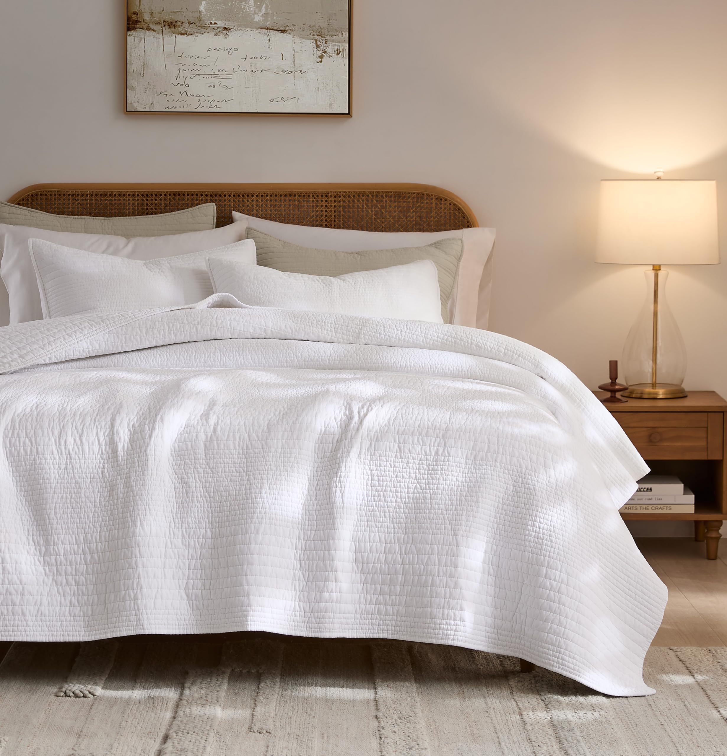 Palassio Striped White 100% Cotton Quilt Queen Size Bedding Sets for All Season Comfort and Style, Lightweight Crinkly C