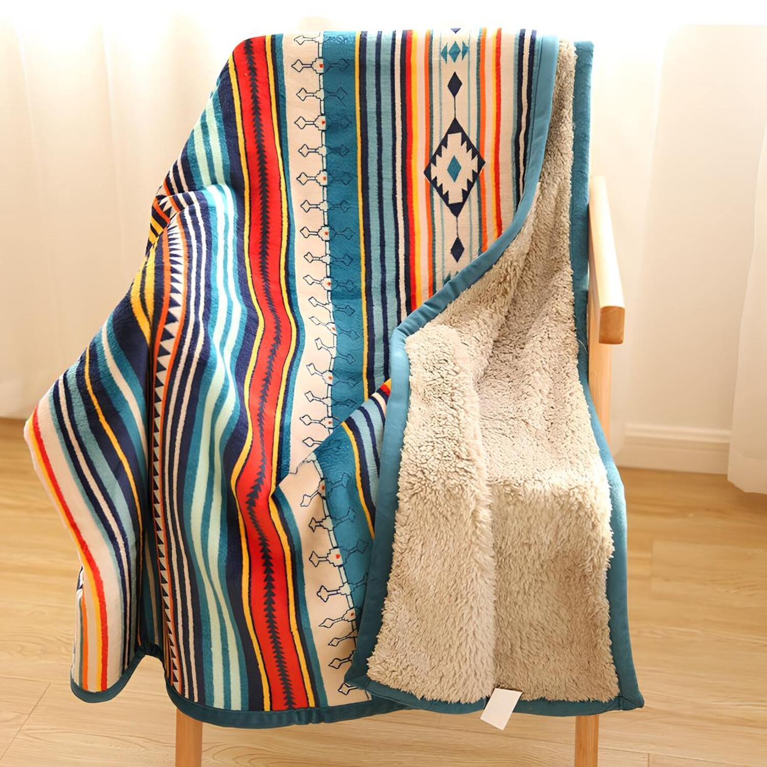 Sherpa Boho Throw Blanket - Super Soft and Cozy Aztec Pattern Double-Layer Flannel Fleece Blankets for Lap, Couch, Sofa,