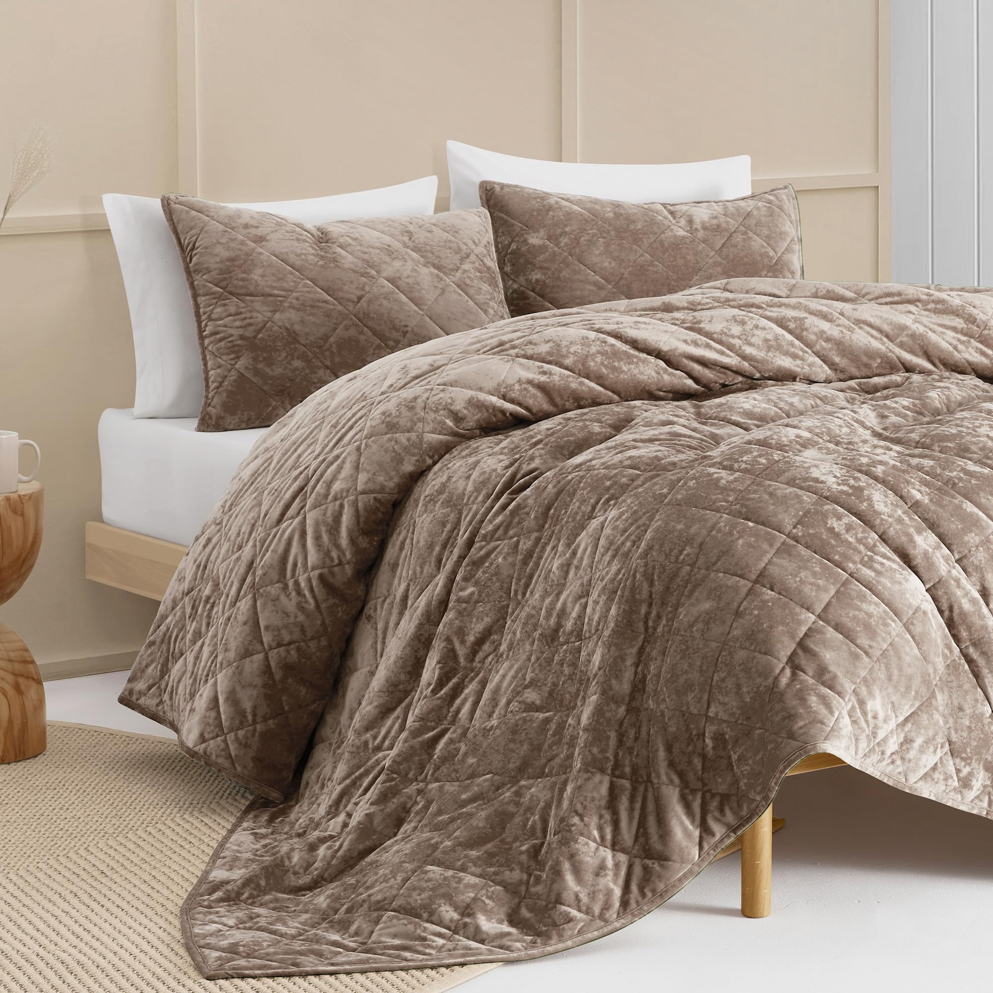 Wonderful Velvet Quilt King Size Light Brown Diamond Stitched Comforter with Shams for All Season Luxury Bedding Set