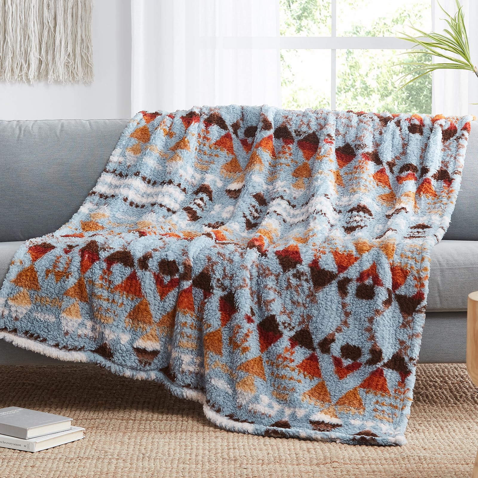 CASAAGUSTO Aztec Boho Sherpa Throw Blanket, Ultra Soft and Warm, Cozy for Couch and Bed (Blue Grey 50*60 Inch) OEKO-TEX 